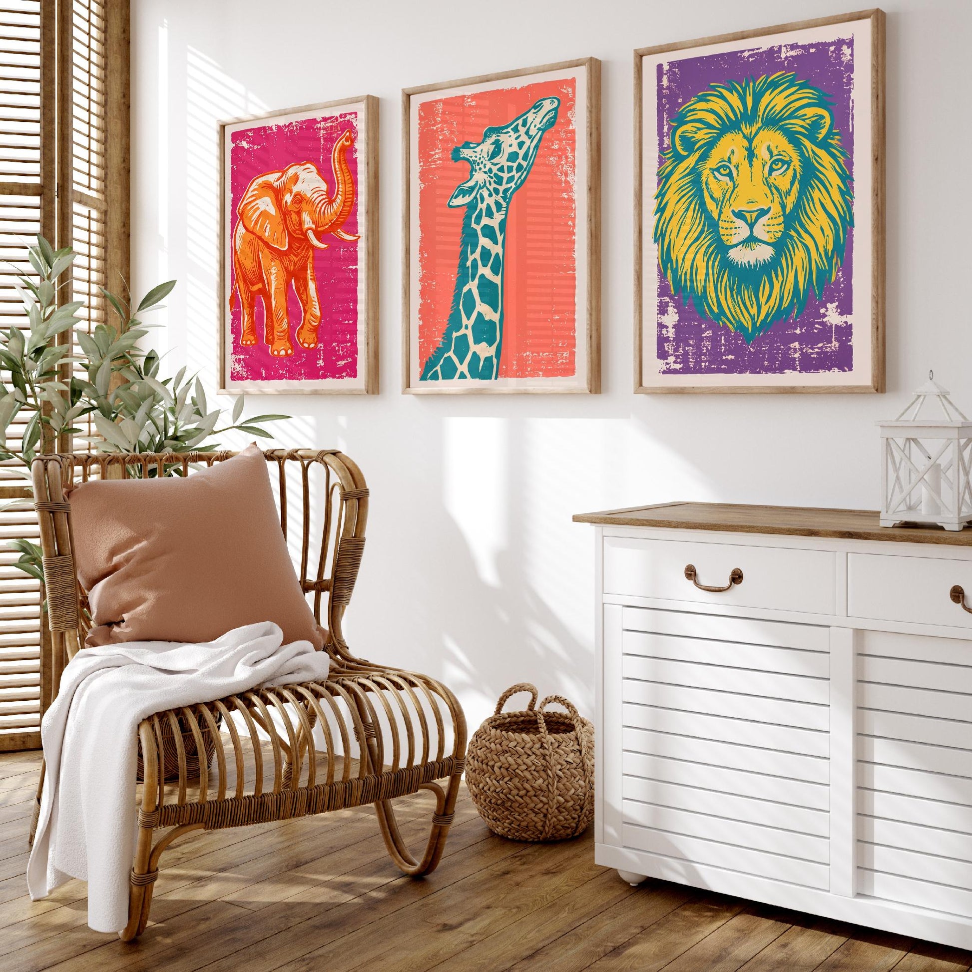 Set of Three Elephant, Giraffe and Lion Art Prints - Safari Animal Linocut Illustrations - Kids Room Posters V1