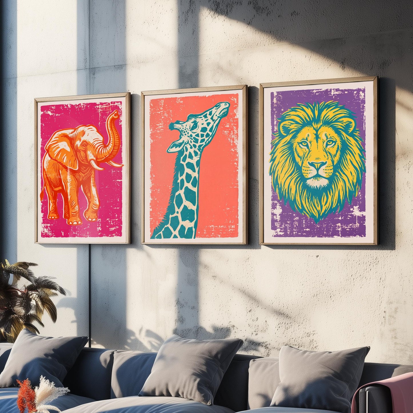 Set of Three Elephant, Giraffe and Lion Art Prints - Safari Animal Linocut Illustrations - Kids Room Posters V1