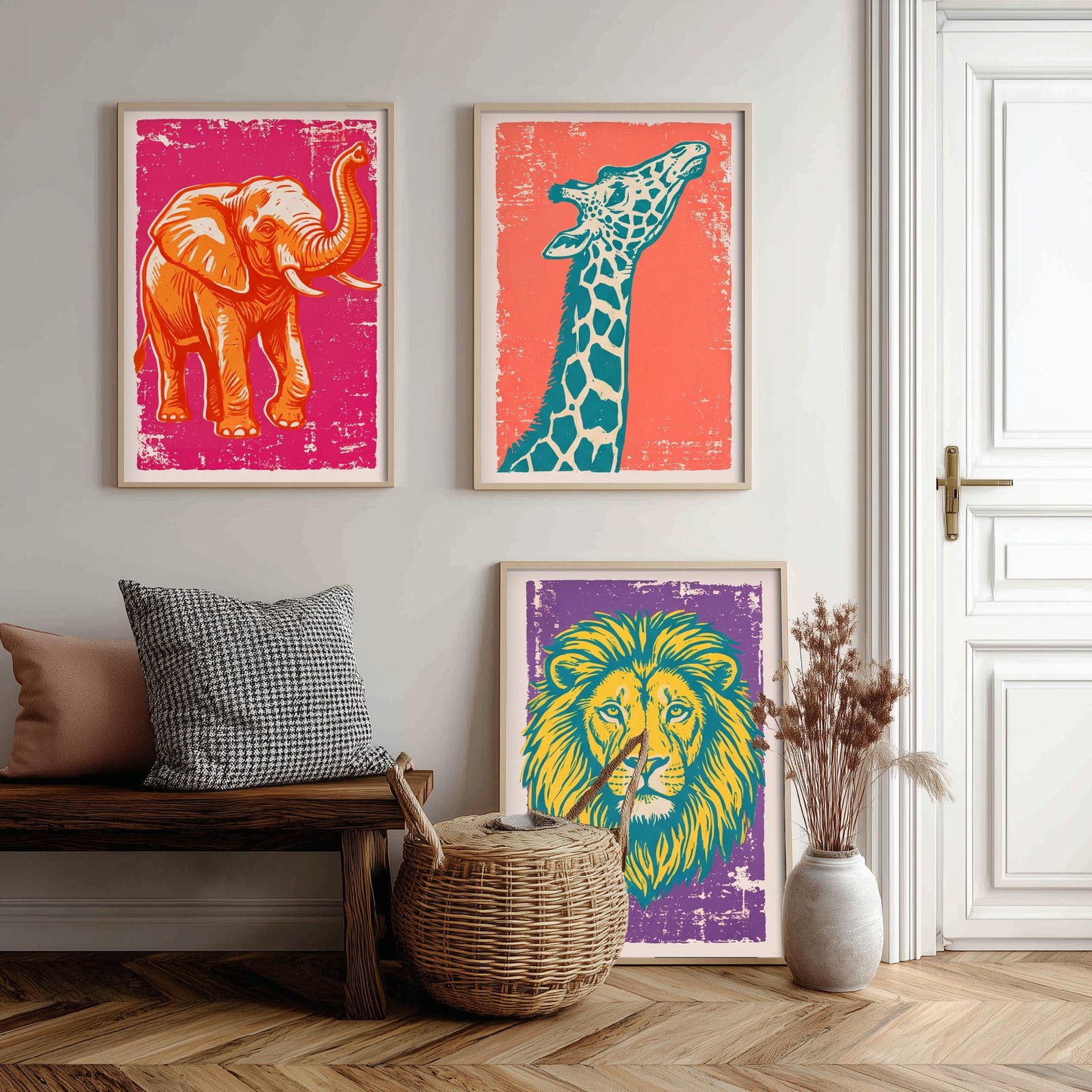 Set of Three Elephant, Giraffe and Lion Art Prints - Safari Animal Linocut Illustrations - Kids Room Posters V1