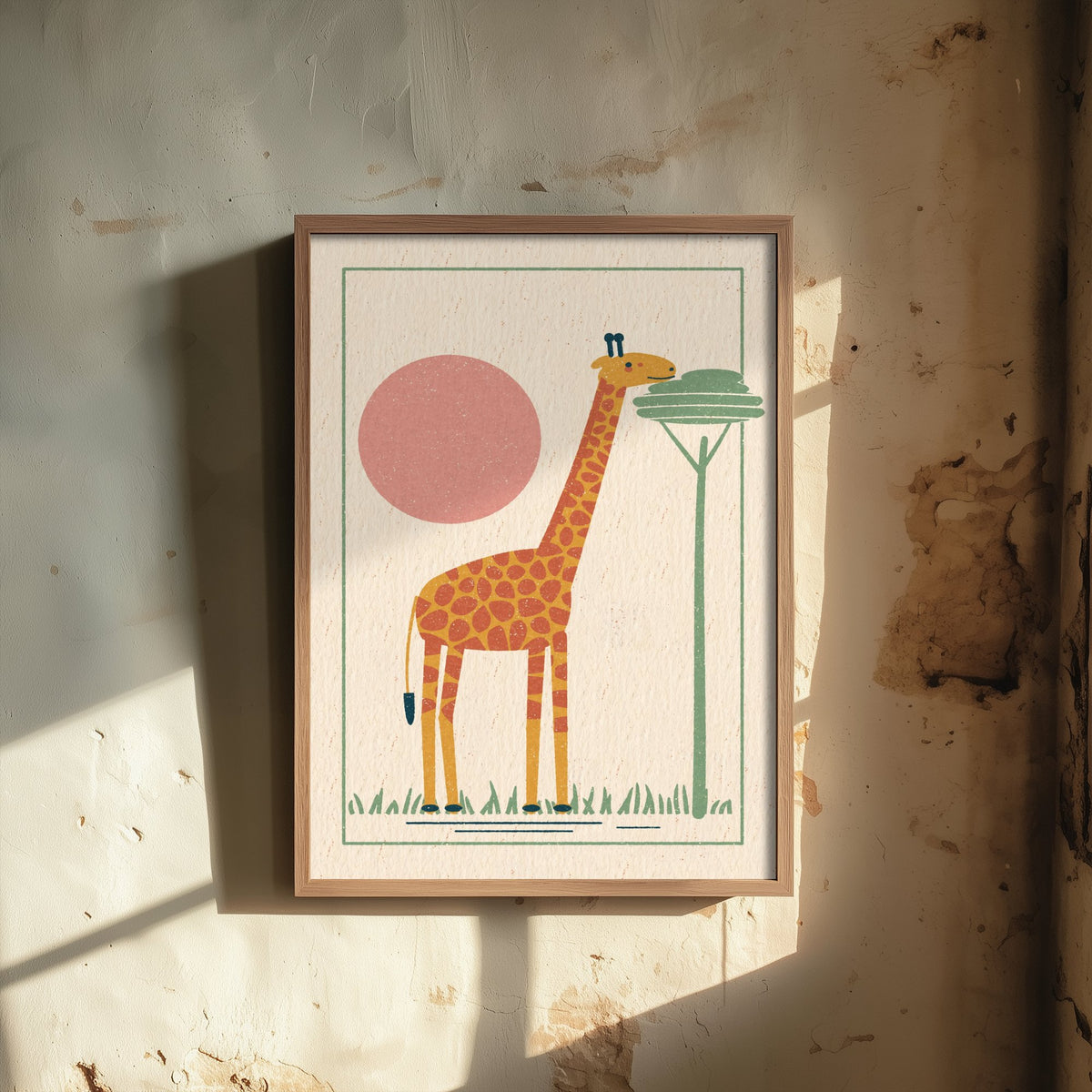 Giraffe Art Print - African Safari Poster - Acacia Tree Linocut Style Woodcut V1 1/3