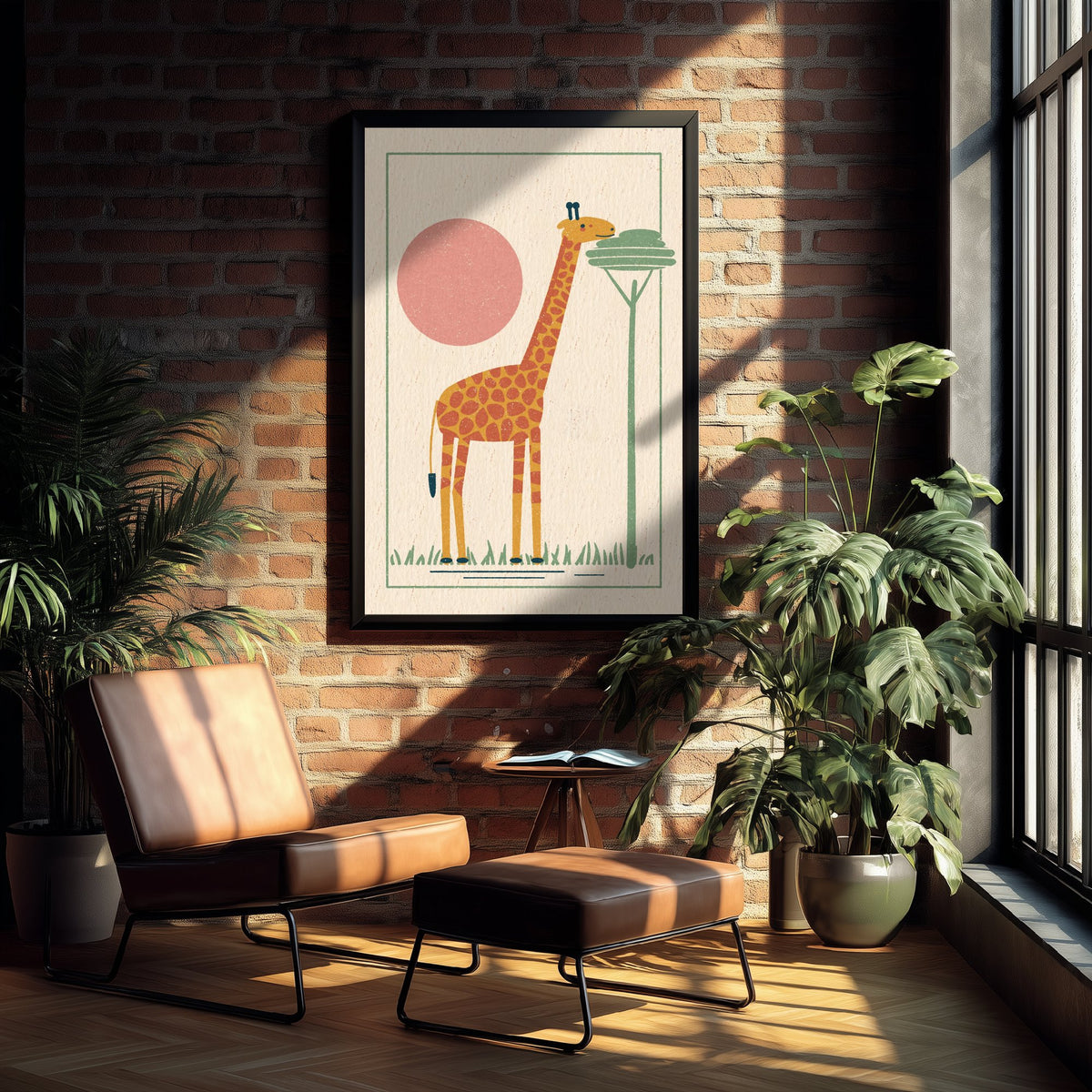 Giraffe Art Print - African Safari Poster - Acacia Tree Linocut Style Woodcut V1 1/3