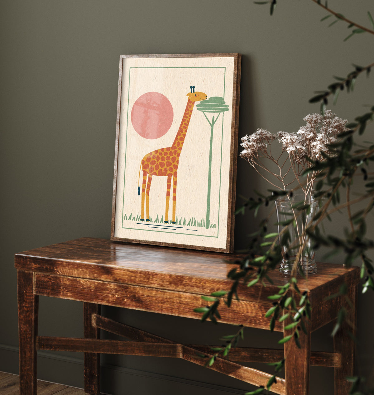 Giraffe Art Print - African Safari Poster - Acacia Tree Linocut Style Woodcut V1 1/3