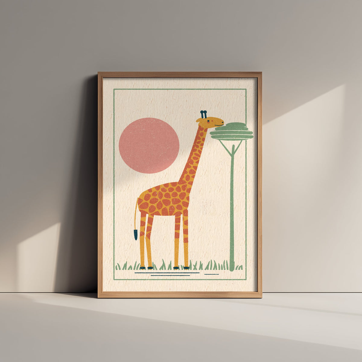 Giraffe Art Print - African Safari Poster - Acacia Tree Linocut Style Woodcut V1 1/3