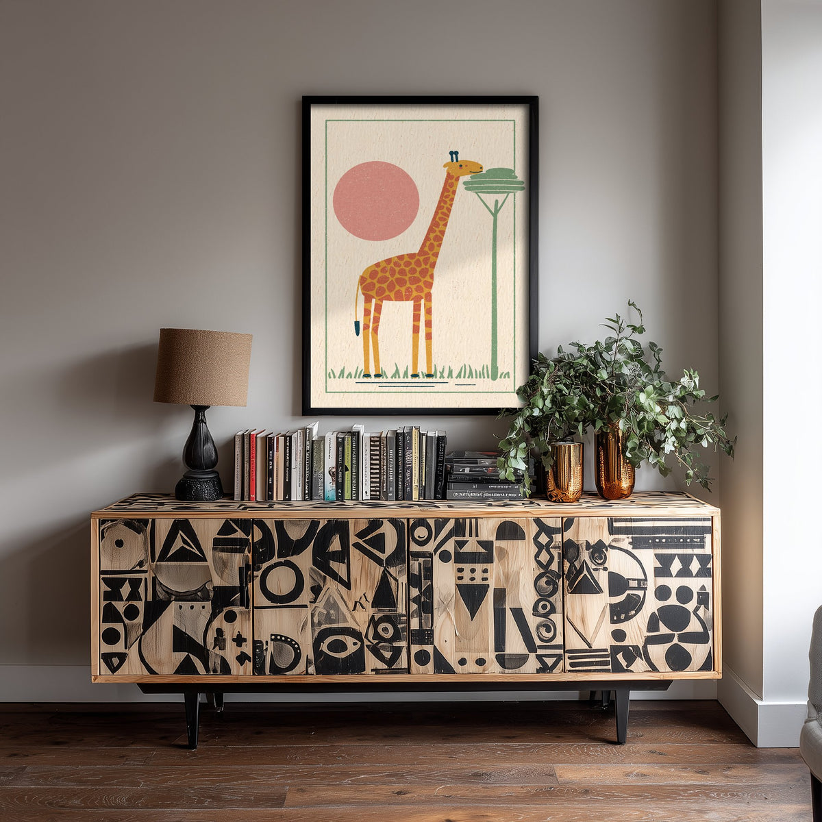 Giraffe Art Print - African Safari Poster - Acacia Tree Linocut Style Woodcut V1 1/3