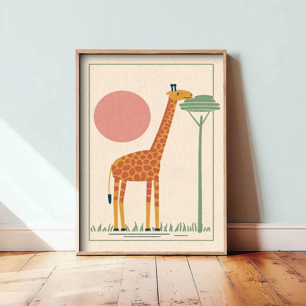 Giraffe Art Print - African Safari Poster - Acacia Tree Linocut Style Woodcut V1 1/3