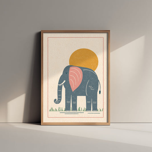 Elephant Art Print - Safari Nursery Poster - Retro Lino Block Illustration V1 2/3