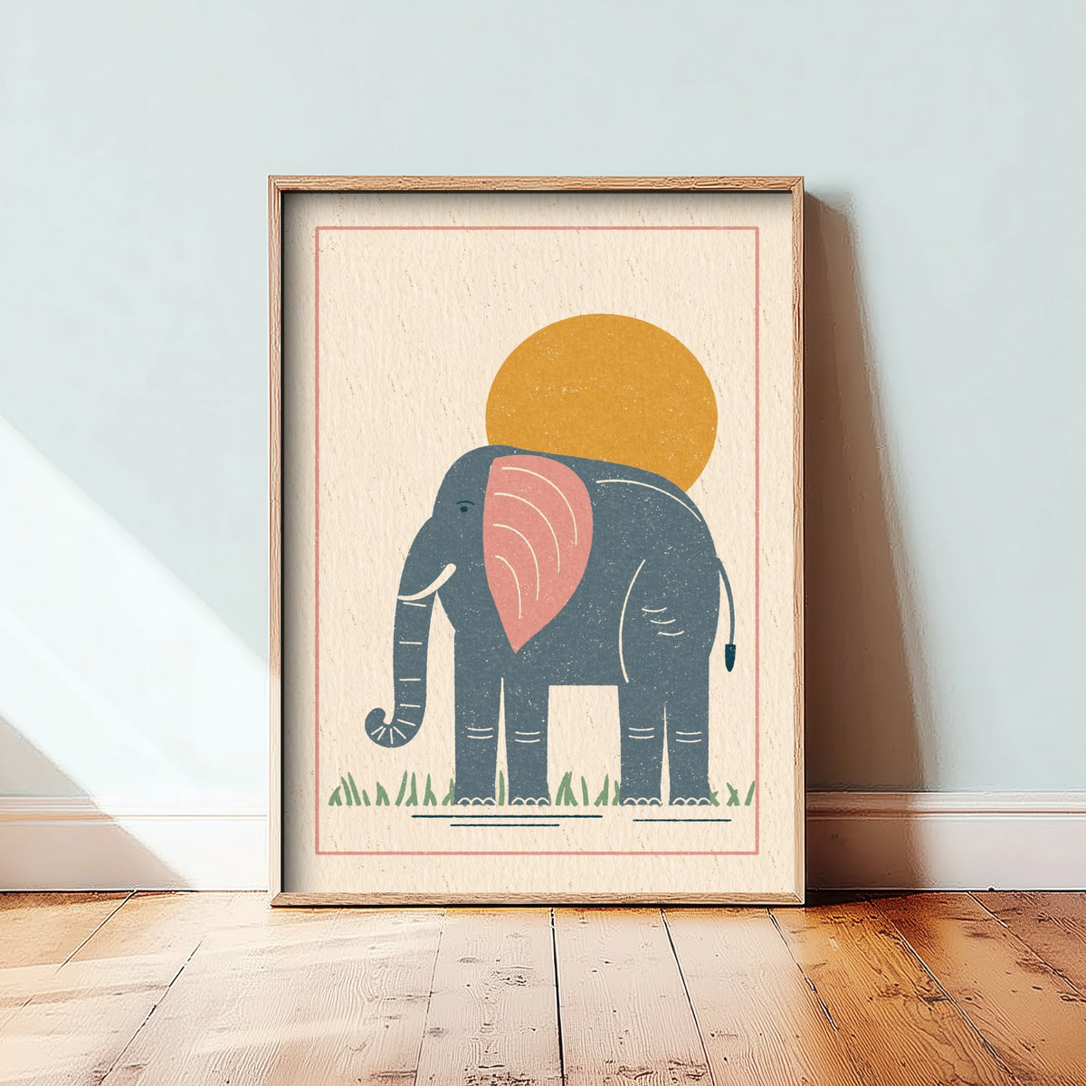 Elephant Art Print - Safari Nursery Poster - Retro Lino Block Illustration V1 2/3