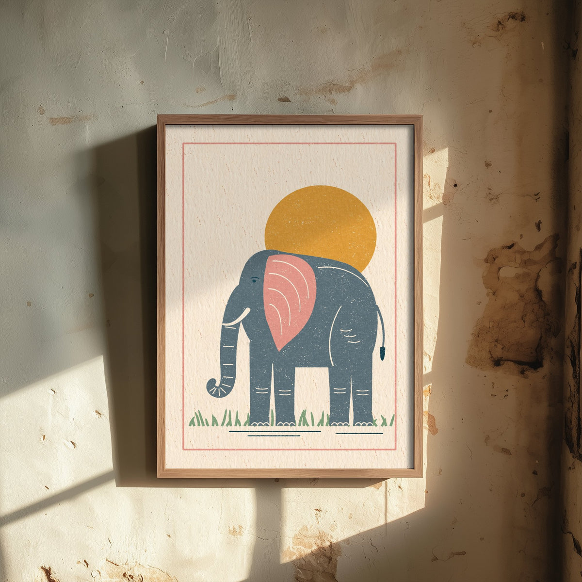 Elephant Art Print - Safari Nursery Poster - Retro Lino Block Illustration V1 2/3