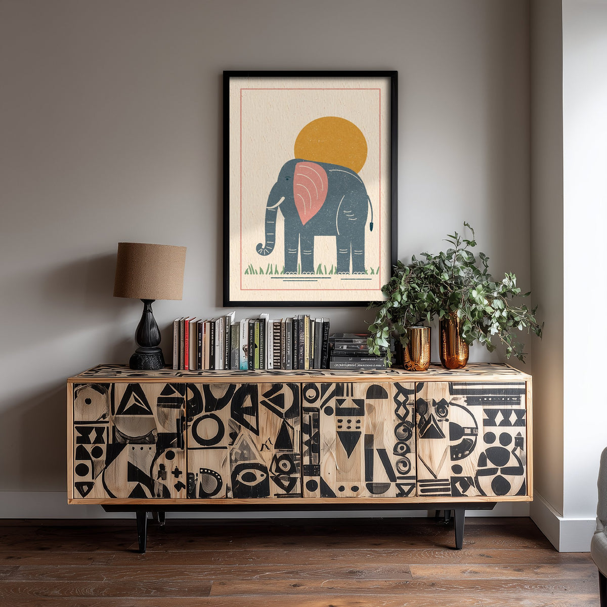 Elephant Art Print - Safari Nursery Poster - Retro Lino Block Illustration V1 2/3