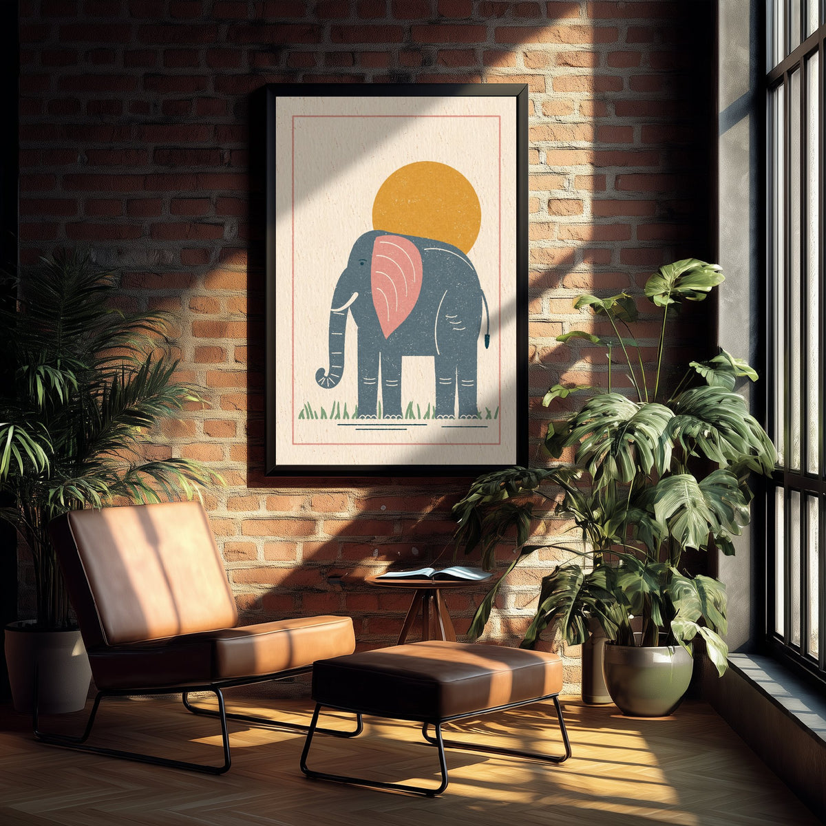 Elephant Art Print - Safari Nursery Poster - Retro Lino Block Illustration V1 2/3