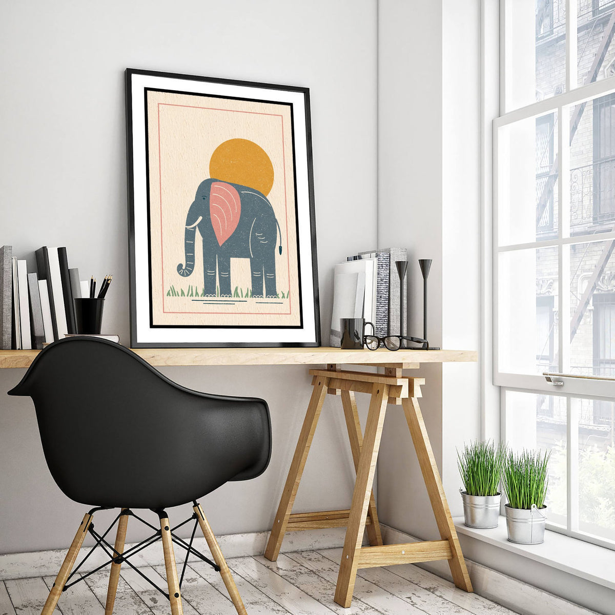 Elephant Art Print - Safari Nursery Poster - Retro Lino Block Illustration V1 2/3