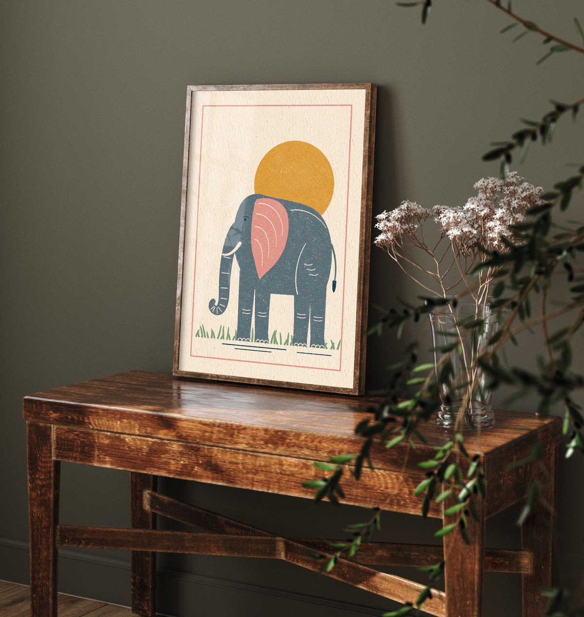 Elephant Art Print - Safari Nursery Poster - Retro Lino Block Illustration V1 2/3