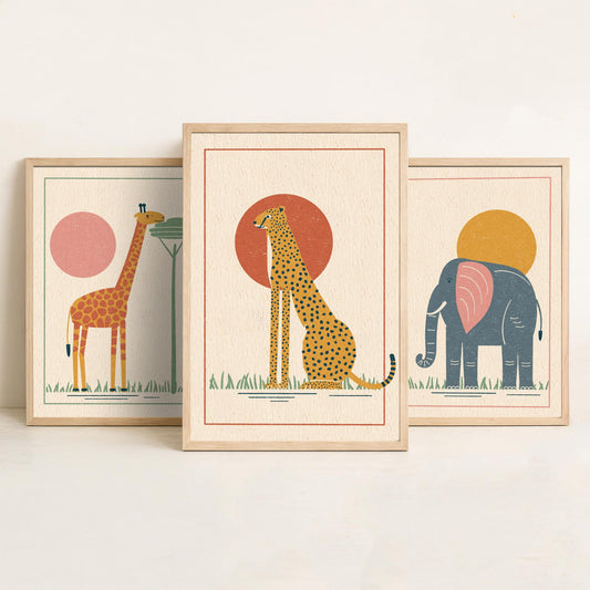 Safari Animal Set of Three Art Prints - Giraffe, Elephant, Cheetah - Linocut Style Poster Illustration V1