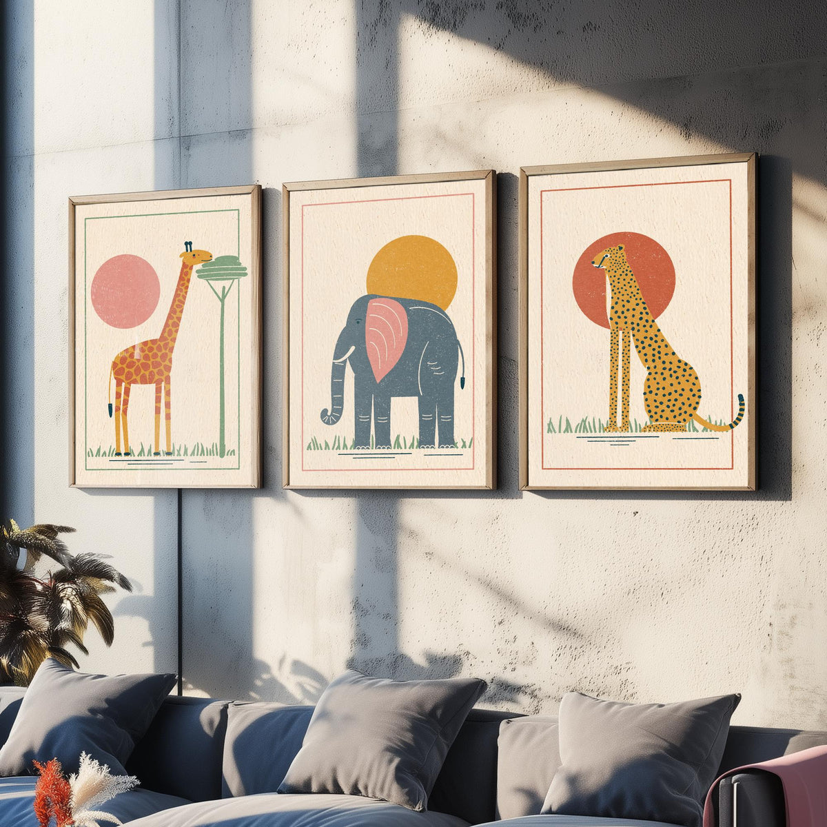 Safari Animal Set of Three Art Prints - Giraffe, Elephant, Cheetah - Linocut Style Poster Illustration V1