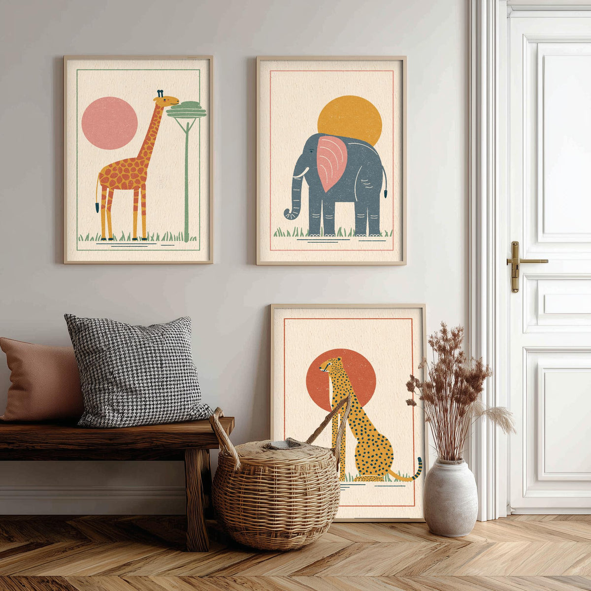 Safari Animal Set of Three Art Prints - Giraffe, Elephant, Cheetah - Linocut Style Poster Illustration V1