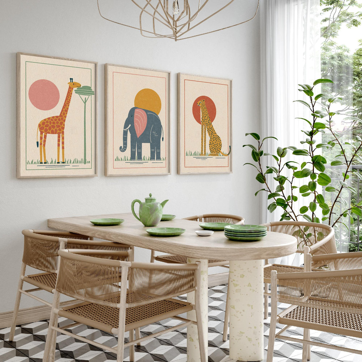 Safari Animal Set of Three Art Prints - Giraffe, Elephant, Cheetah - Linocut Style Poster Illustration V1