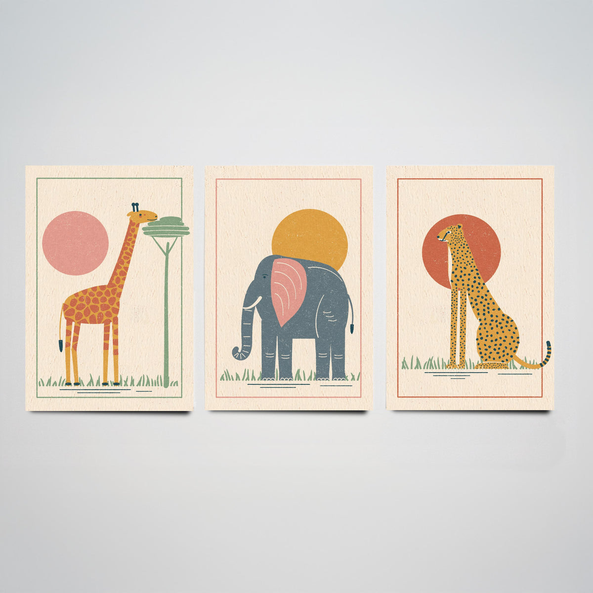 Safari Animal Set of Three Art Prints - Giraffe, Elephant, Cheetah - Linocut Style Poster Illustration V1