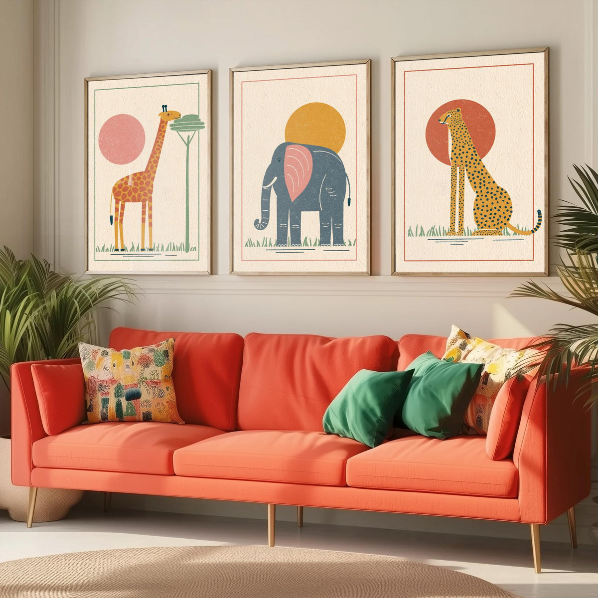 Safari Animal Set of Three Art Prints - Giraffe, Elephant, Cheetah - Linocut Style Poster Illustration V1