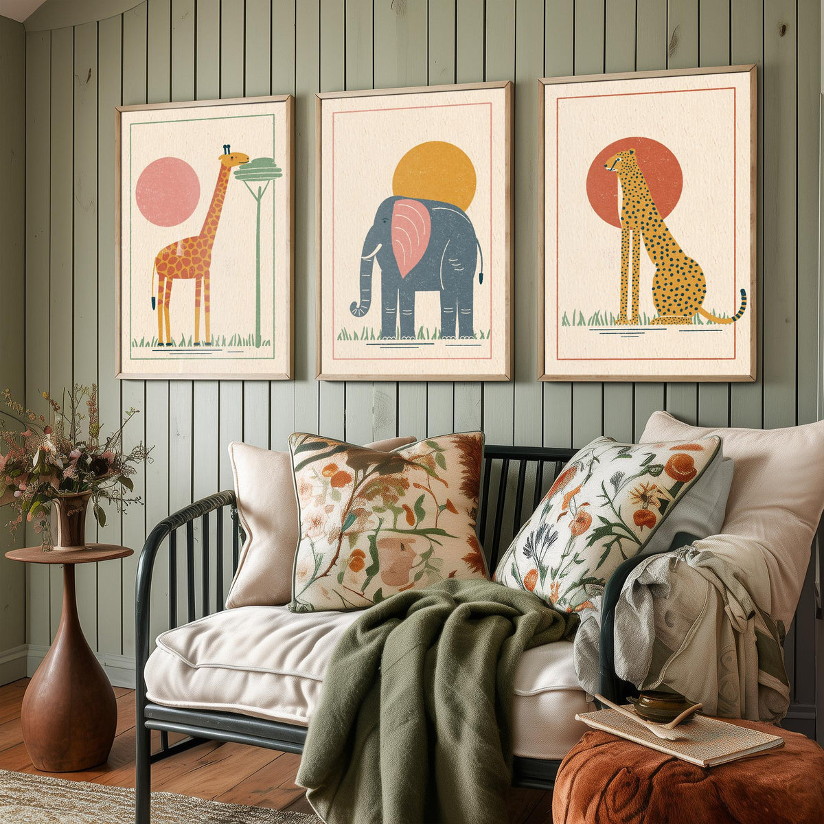 Safari Animal Set of Three Art Prints - Giraffe, Elephant, Cheetah - Linocut Style Poster Illustration V1
