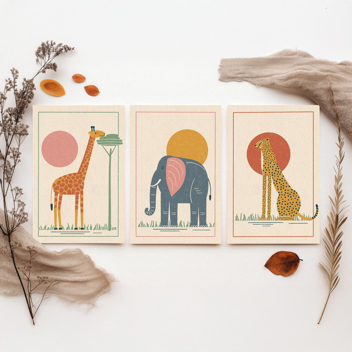 Safari Animal Set of Three Art Prints - Giraffe, Elephant, Cheetah - Linocut Style Poster Illustration V1