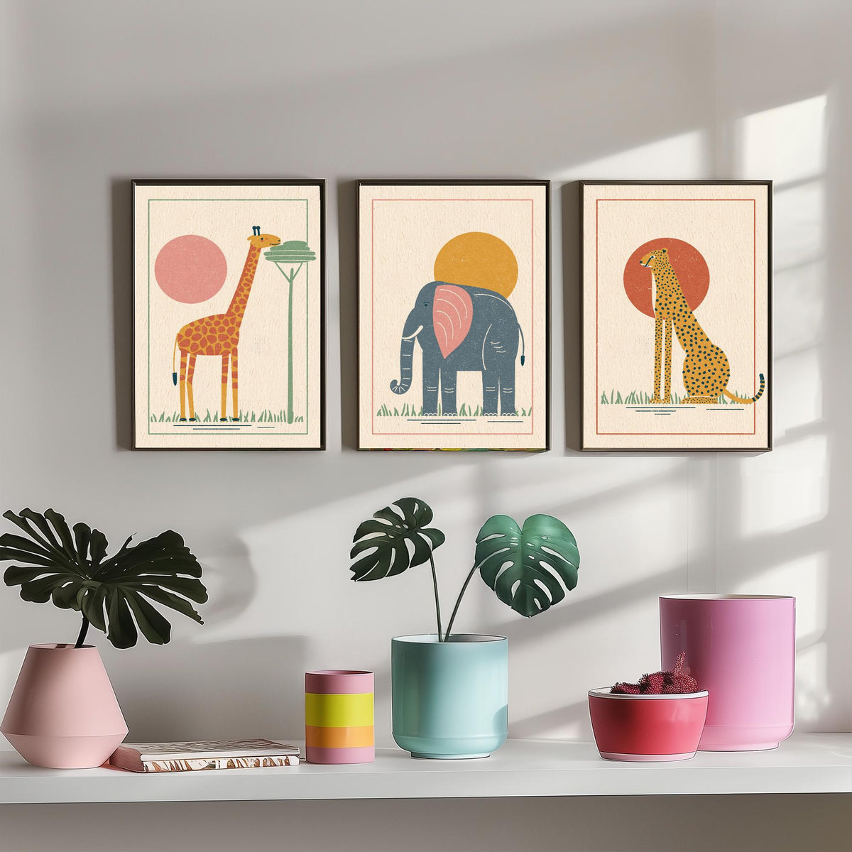 Safari Animal Set of Three Art Prints - Giraffe, Elephant, Cheetah - Linocut Style Poster Illustration V1