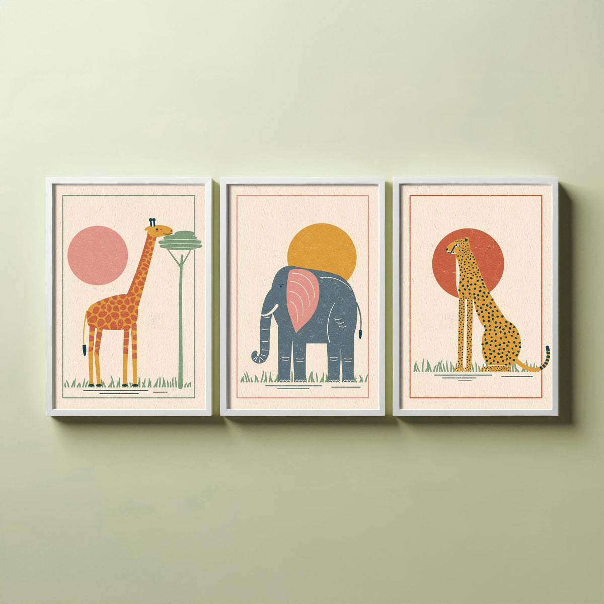 Safari Animal Set of Three Art Prints - Giraffe, Elephant, Cheetah - Linocut Style Poster Illustration V1