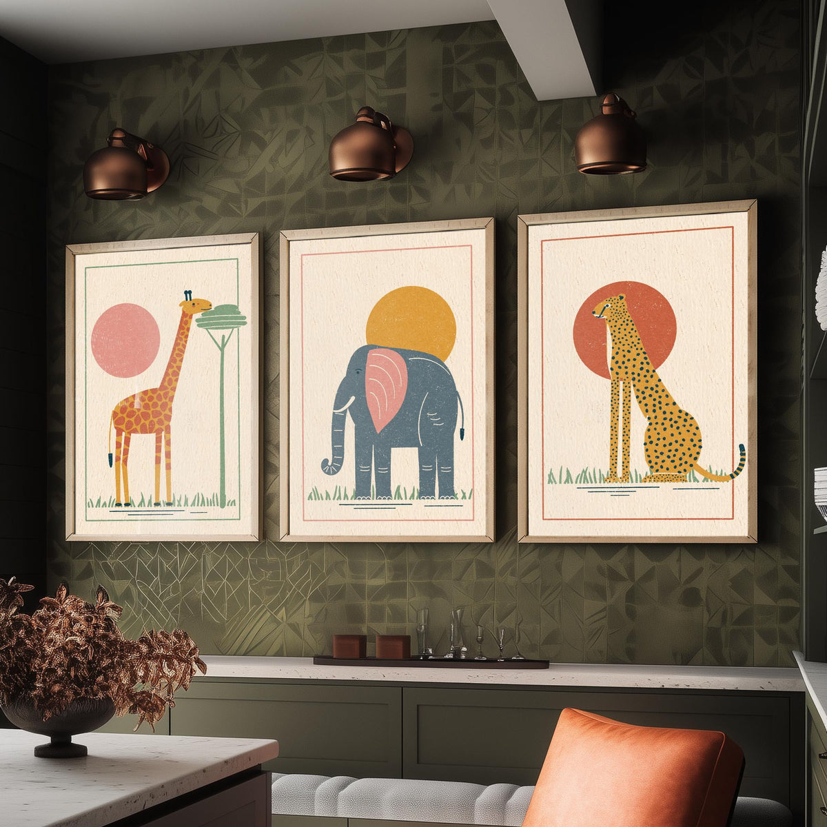 Safari Animal Set of Three Art Prints - Giraffe, Elephant, Cheetah - Linocut Style Poster Illustration V1