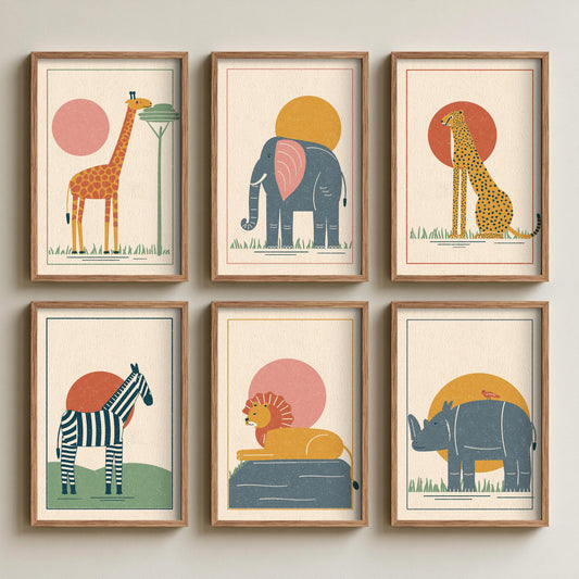 Set of Six Safari Animal Art Prints - 6 Linocut Style Posters - Giraffe, Elephant, Cheetah, Zebra, Lion, Rhino Illustration