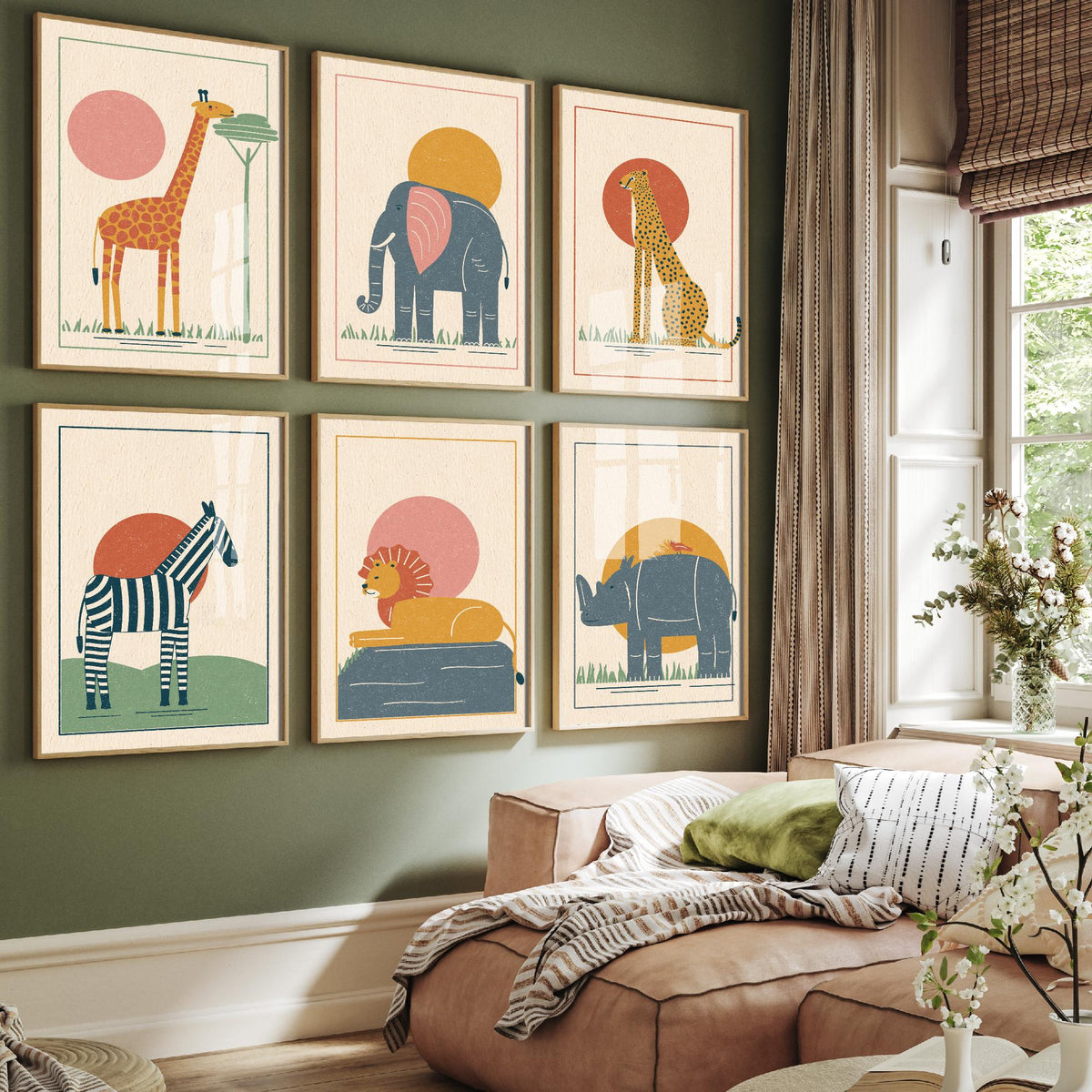 Set of Six Safari Animal Art Prints - 6 Linocut Style Posters - Giraffe, Elephant, Cheetah, Zebra, Lion, Rhino Illustration