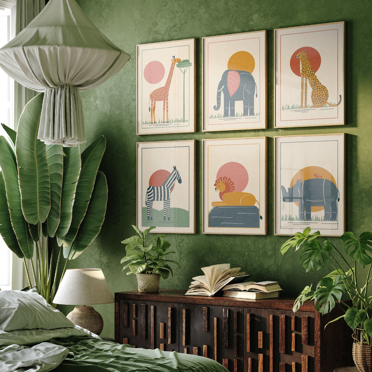Set of Six Safari Animal Art Prints - 6 Linocut Style Posters - Giraffe, Elephant, Cheetah, Zebra, Lion, Rhino Illustration