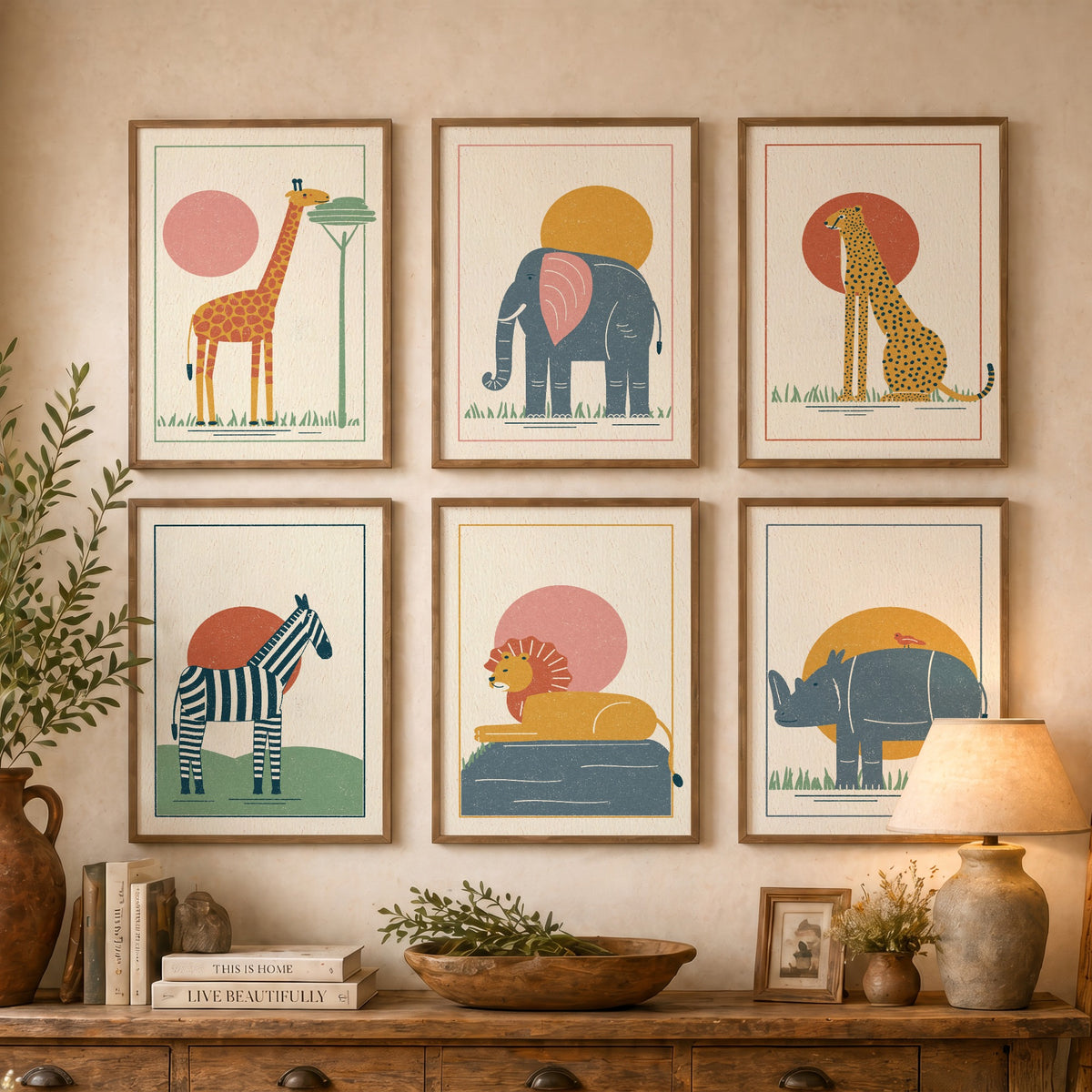 Set of Six Safari Animal Art Prints - 6 Linocut Style Posters - Giraffe, Elephant, Cheetah, Zebra, Lion, Rhino Illustration