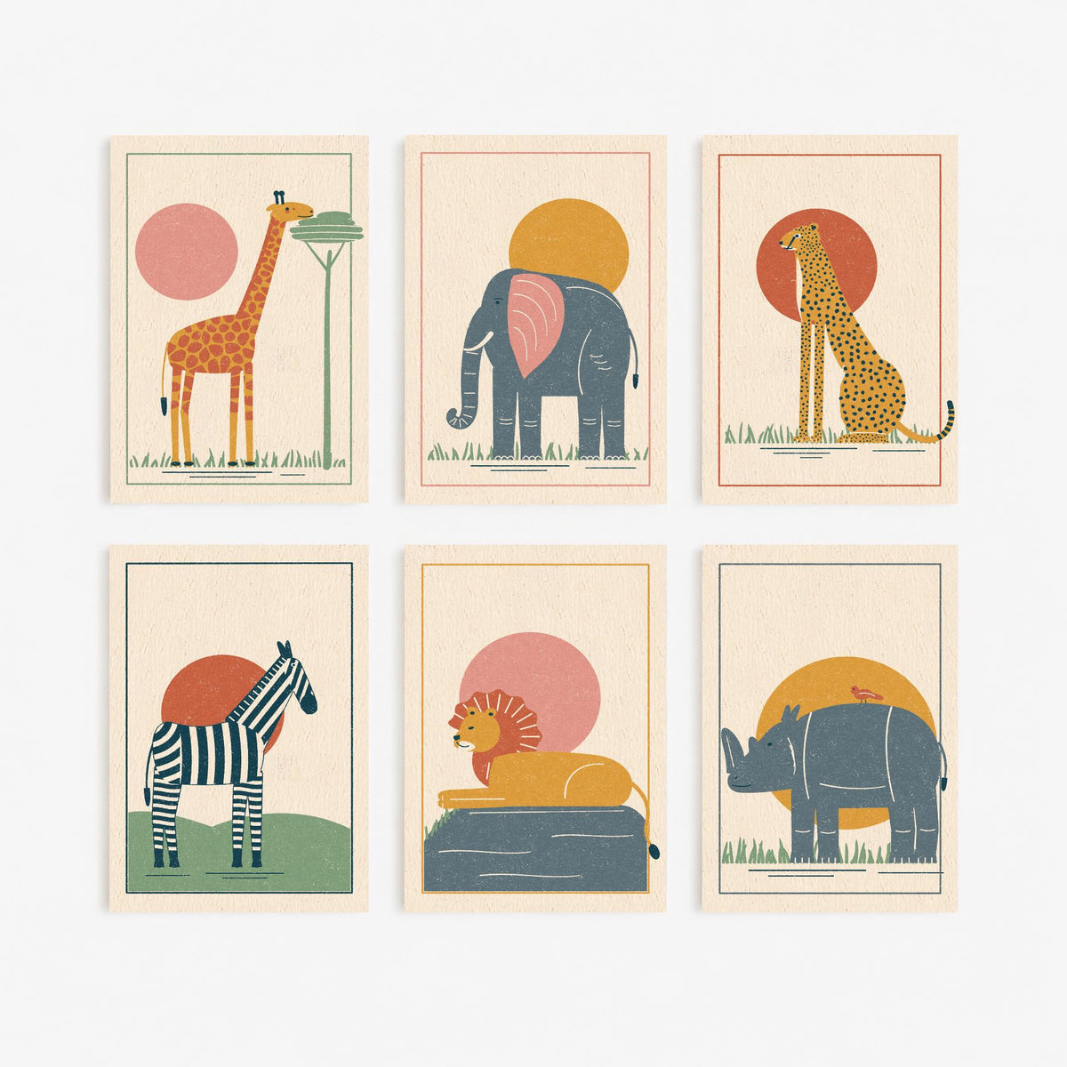 Set of Six Safari Animal Art Prints - 6 Linocut Style Posters - Giraffe, Elephant, Cheetah, Zebra, Lion, Rhino Illustration