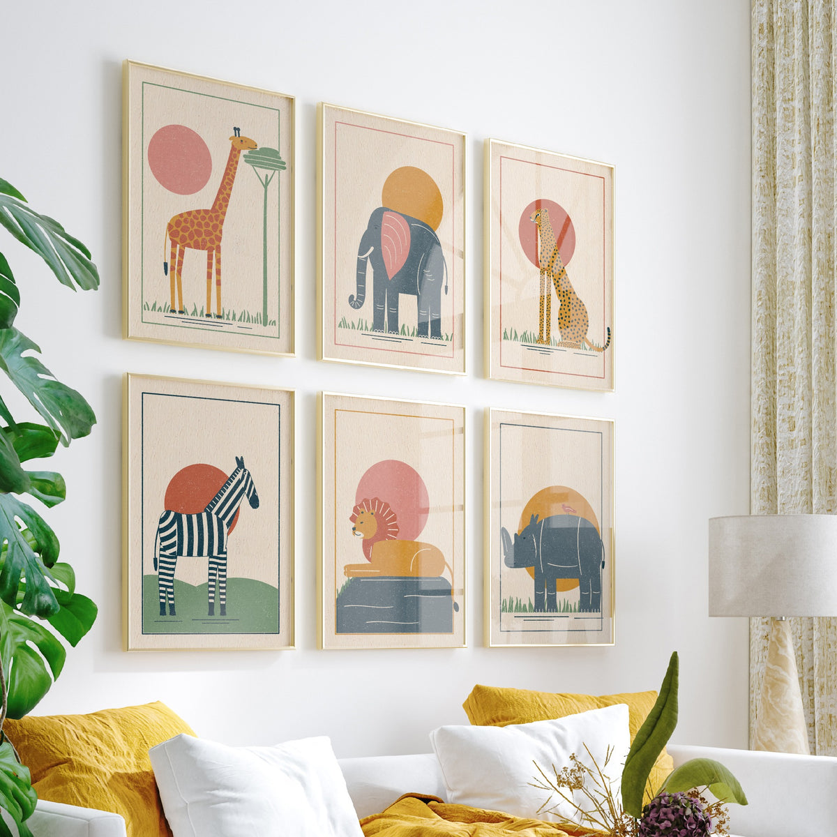 Set of Six Safari Animal Art Prints - 6 Linocut Style Posters - Giraffe, Elephant, Cheetah, Zebra, Lion, Rhino Illustration