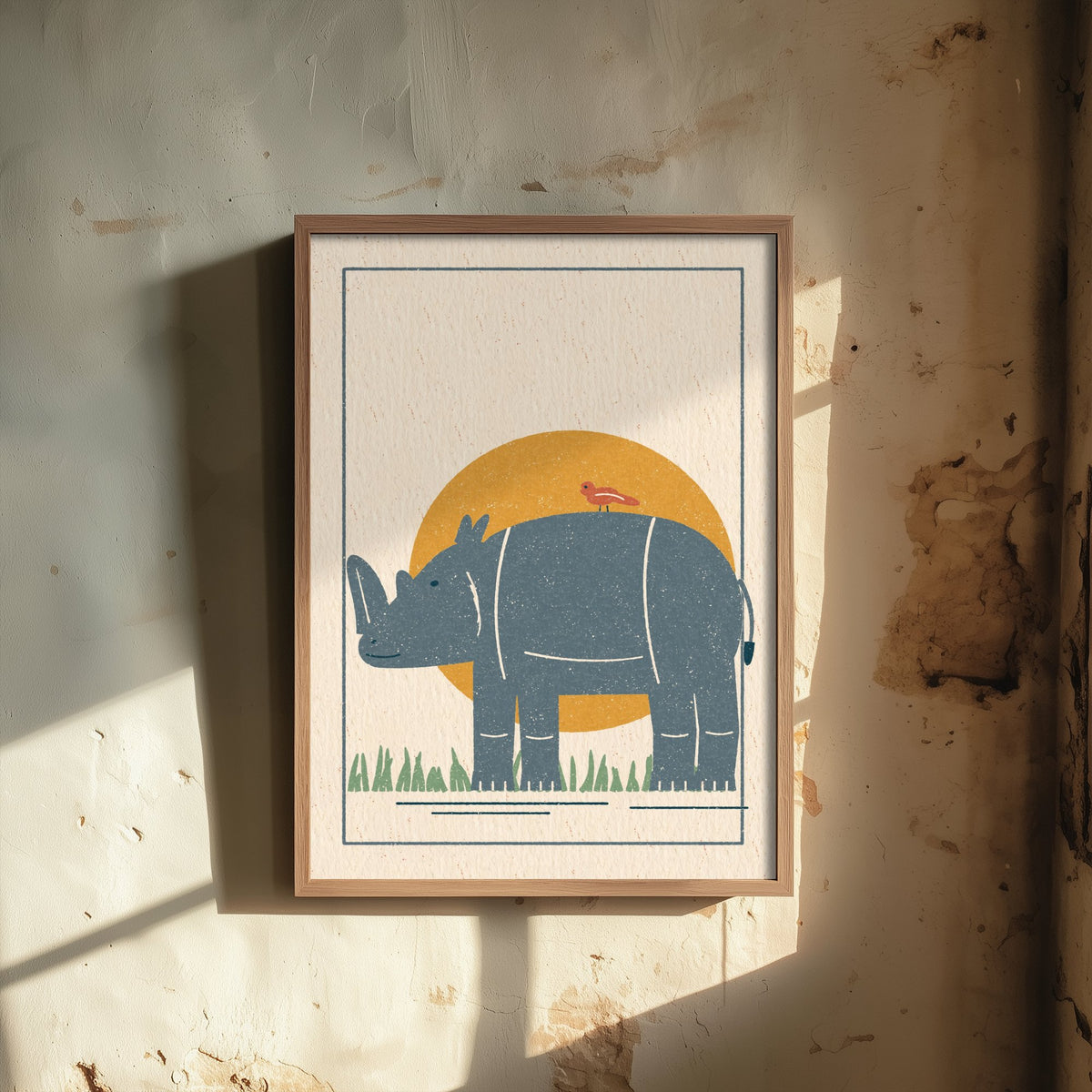 Rhino Art Print - Rhinoceros and Bird Safari Poster - Linocut Style Woodcut V2 3/3
