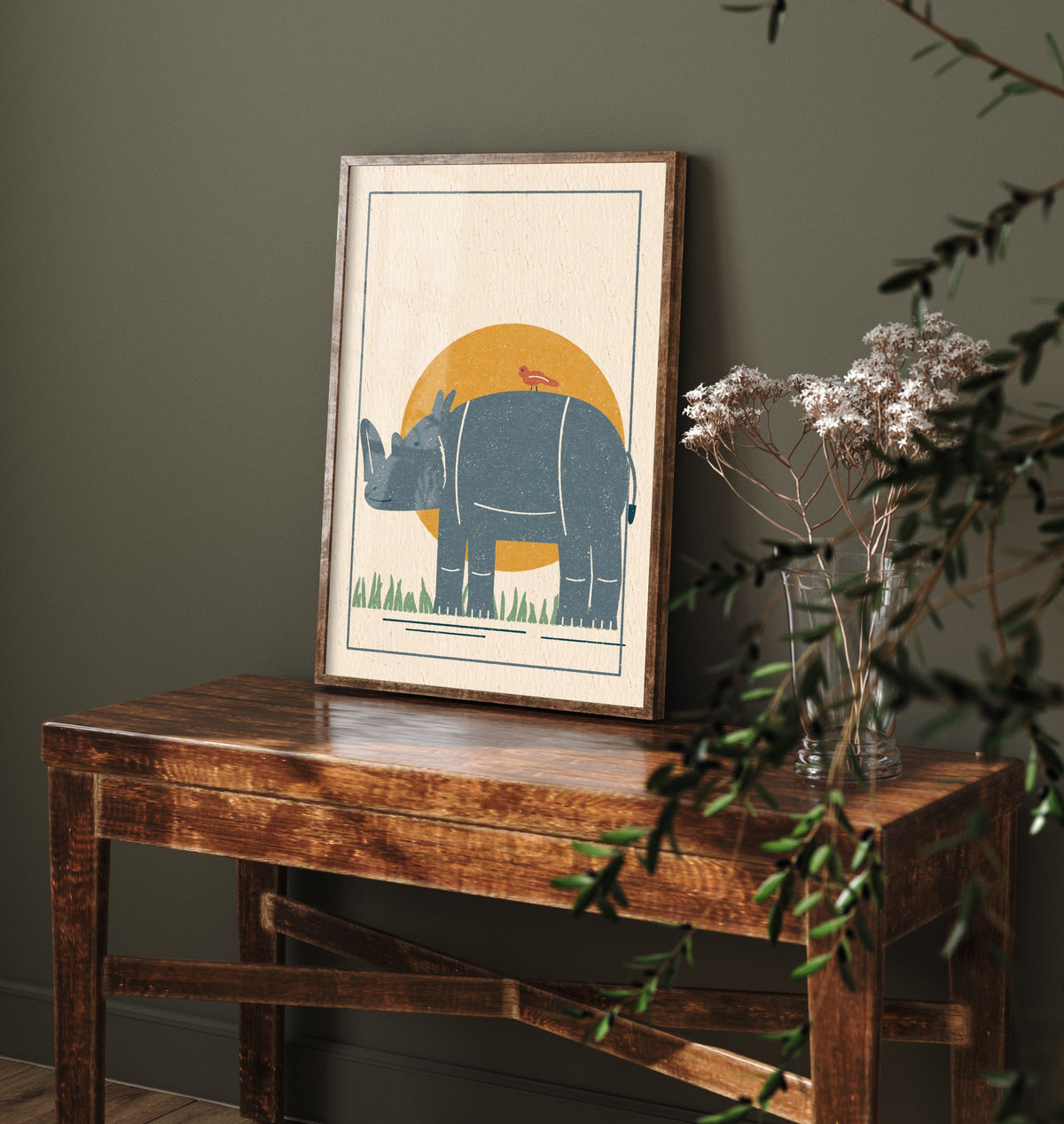 Rhino Art Print - Rhinoceros and Bird Safari Poster - Linocut Style Woodcut V2 3/3
