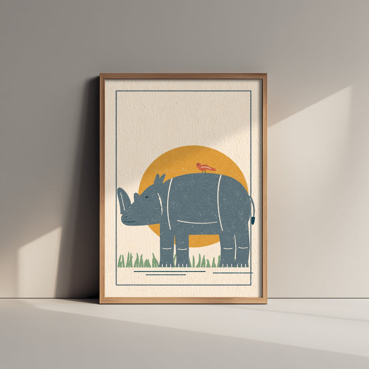 Rhino Art Print - Rhinoceros and Bird Safari Poster - Linocut Style Woodcut V2 3/3