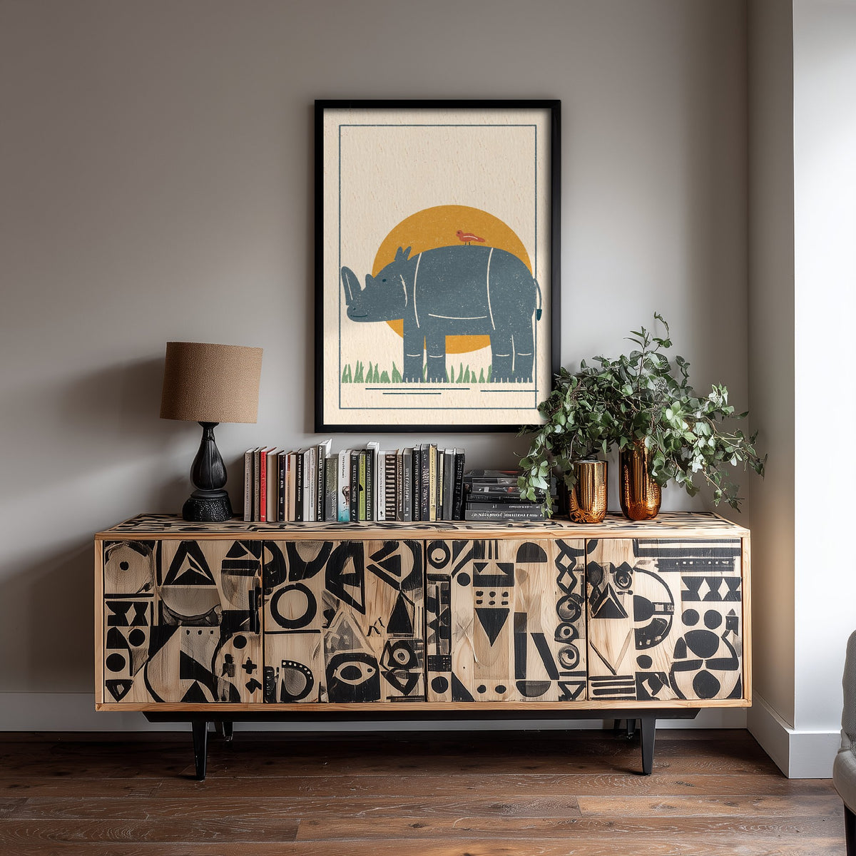 Rhino Art Print - Rhinoceros and Bird Safari Poster - Linocut Style Woodcut V2 3/3