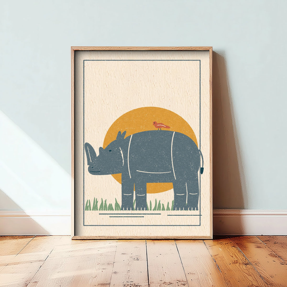 Rhino Art Print - Rhinoceros and Bird Safari Poster - Linocut Style Woodcut V2 3/3