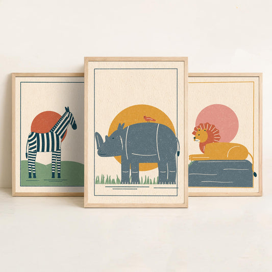 Safari Animal Set of Three Art Prints - Zebra, Lion, Rhino - Linocut Style Poster Illustration V2