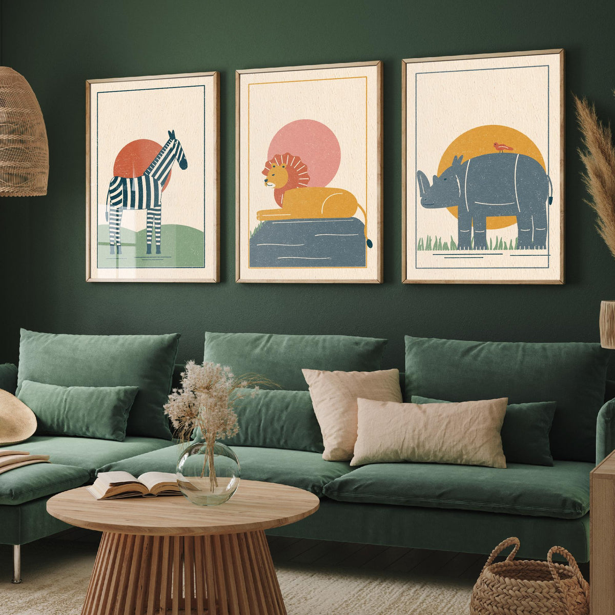 Safari Animal Set of Three Art Prints - Zebra, Lion, Rhino - Linocut Style Poster Illustration V2