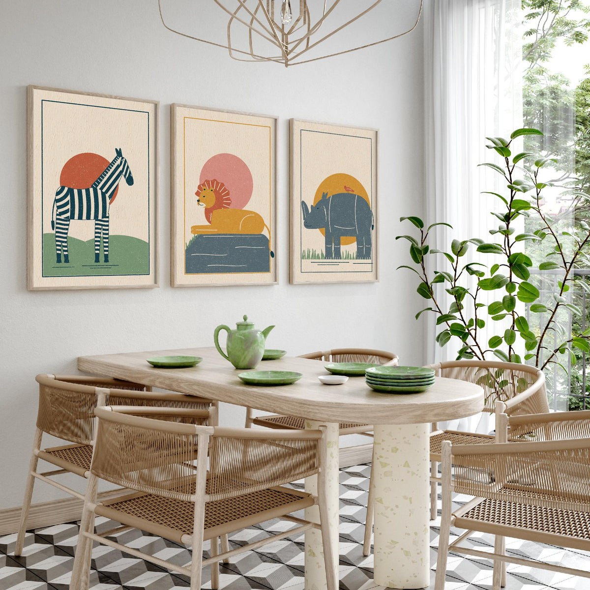 Safari Animal Set of Three Art Prints - Zebra, Lion, Rhino - Linocut Style Poster Illustration V2
