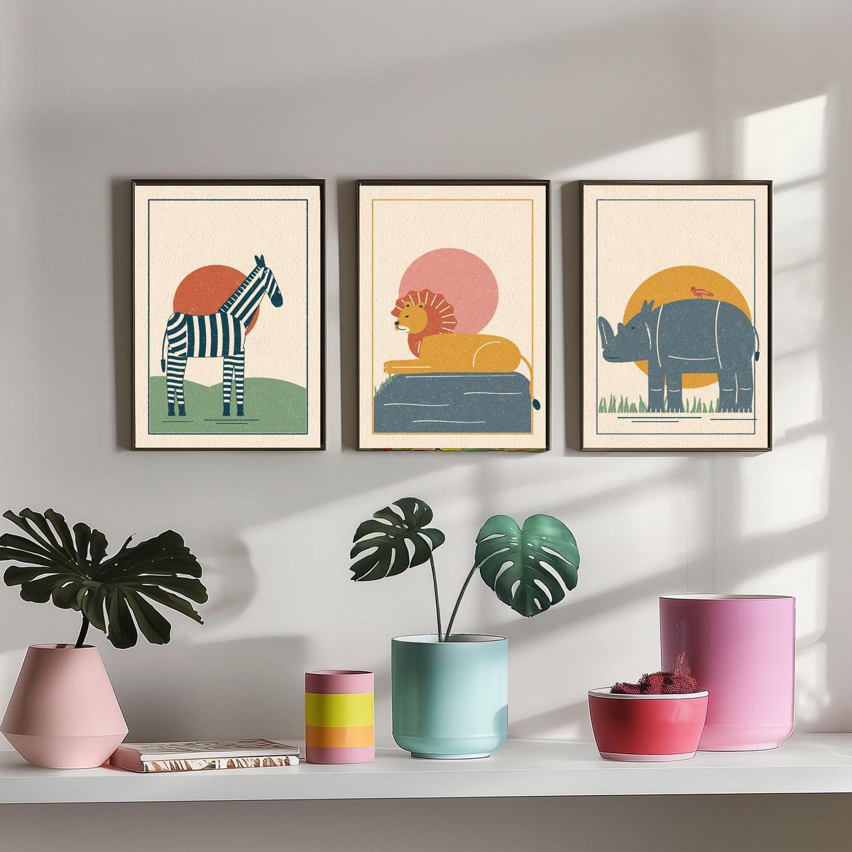 Safari Animal Set of Three Art Prints - Zebra, Lion, Rhino - Linocut Style Poster Illustration V2