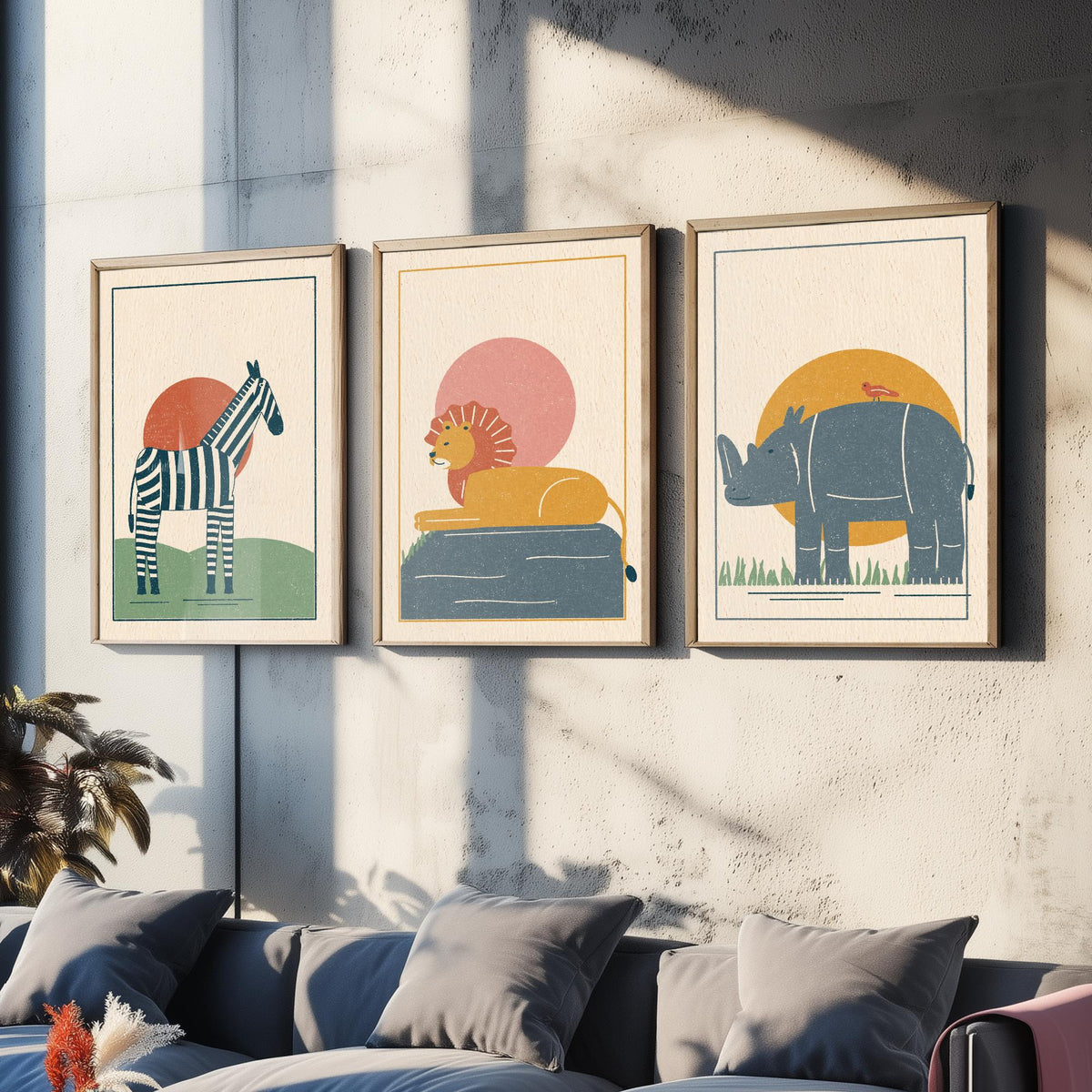Safari Animal Set of Three Art Prints - Zebra, Lion, Rhino - Linocut Style Poster Illustration V2