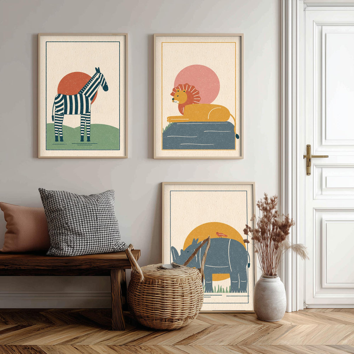 Safari Animal Set of Three Art Prints - Zebra, Lion, Rhino - Linocut Style Poster Illustration V2