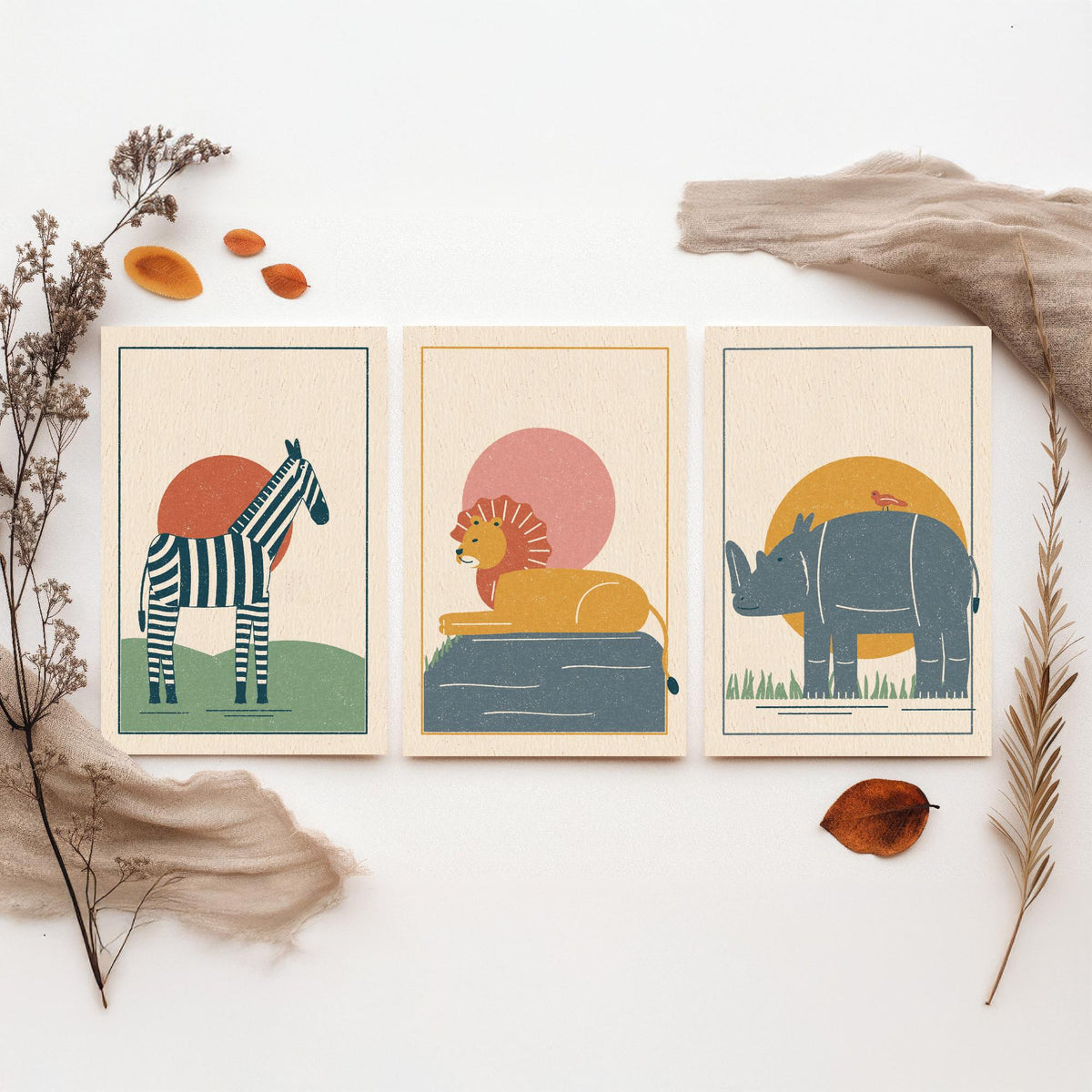 Safari Animal Set of Three Art Prints - Zebra, Lion, Rhino - Linocut Style Poster Illustration V2