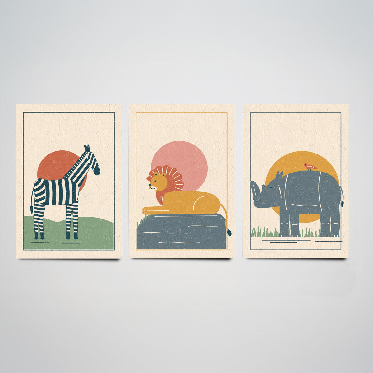 Safari Animal Set of Three Art Prints - Zebra, Lion, Rhino - Linocut Style Poster Illustration V2