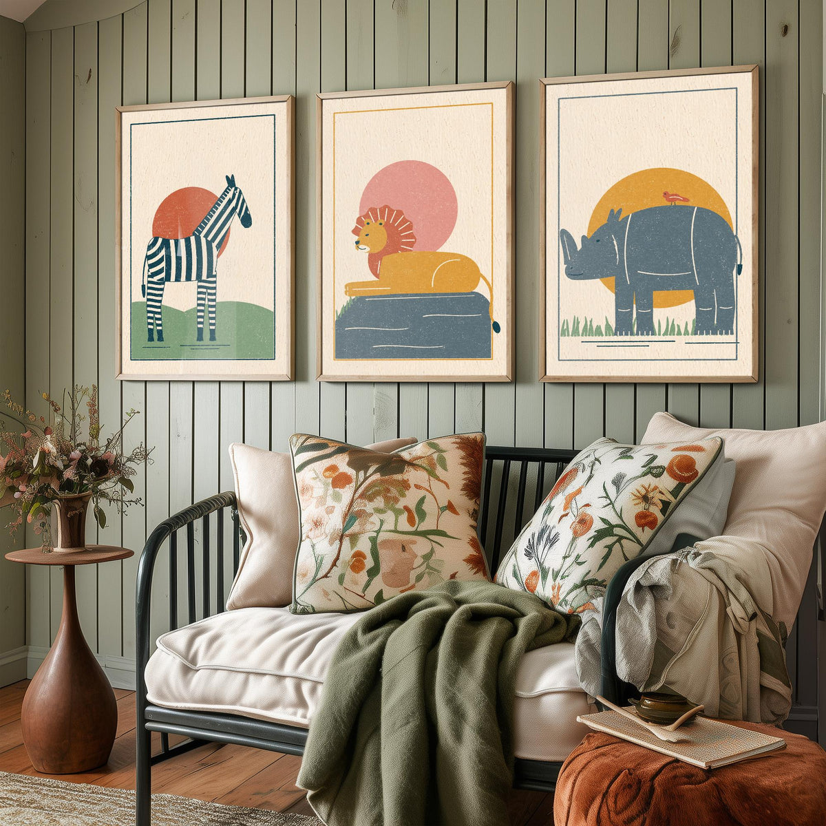 Safari Animal Set of Three Art Prints - Zebra, Lion, Rhino - Linocut Style Poster Illustration V2