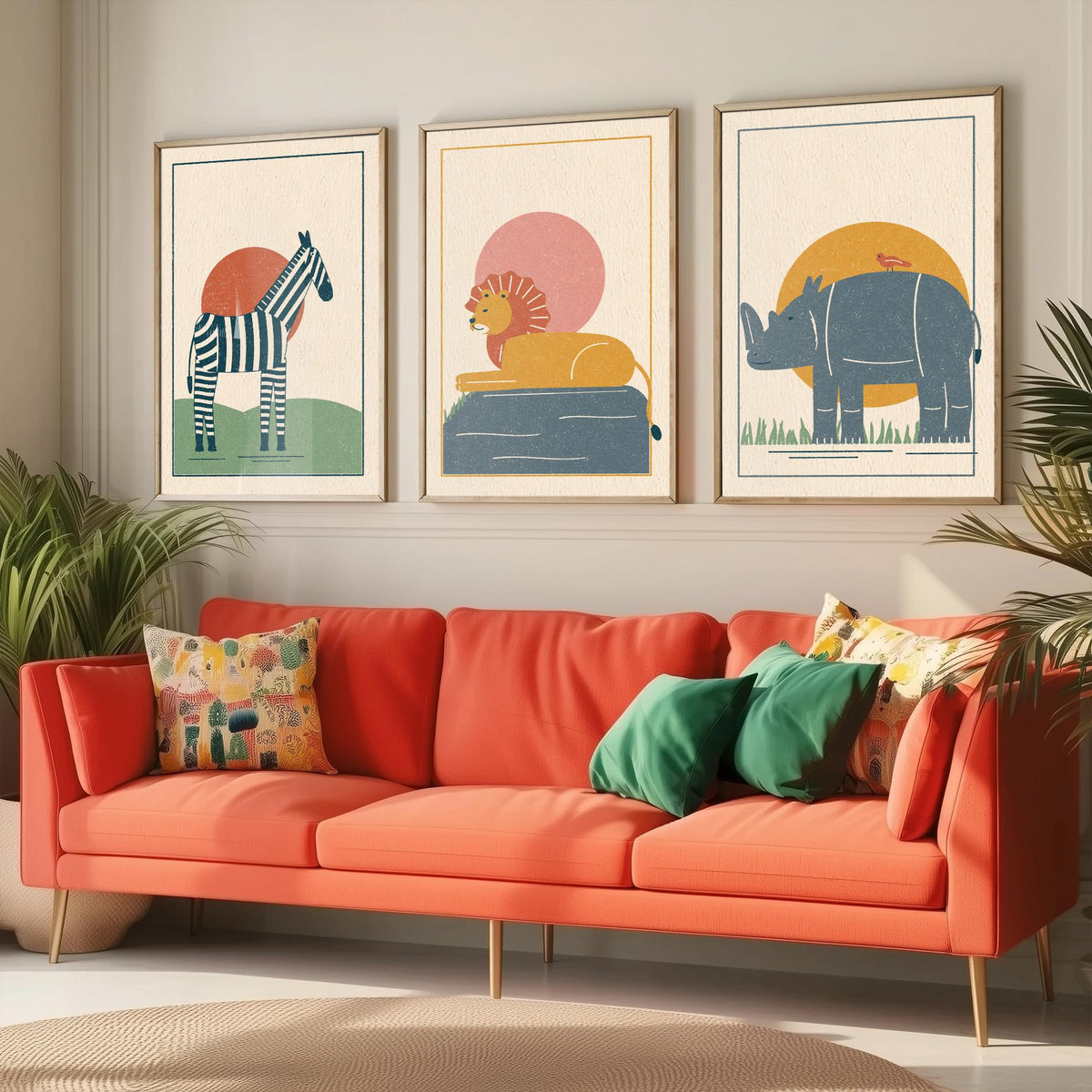Safari Animal Set of Three Art Prints - Zebra, Lion, Rhino - Linocut Style Poster Illustration V2