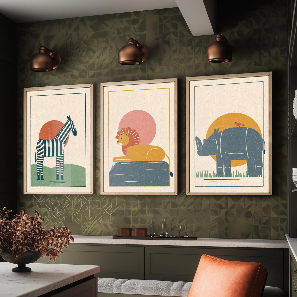 Safari Animal Set of Three Art Prints - Zebra, Lion, Rhino - Linocut Style Poster Illustration V2