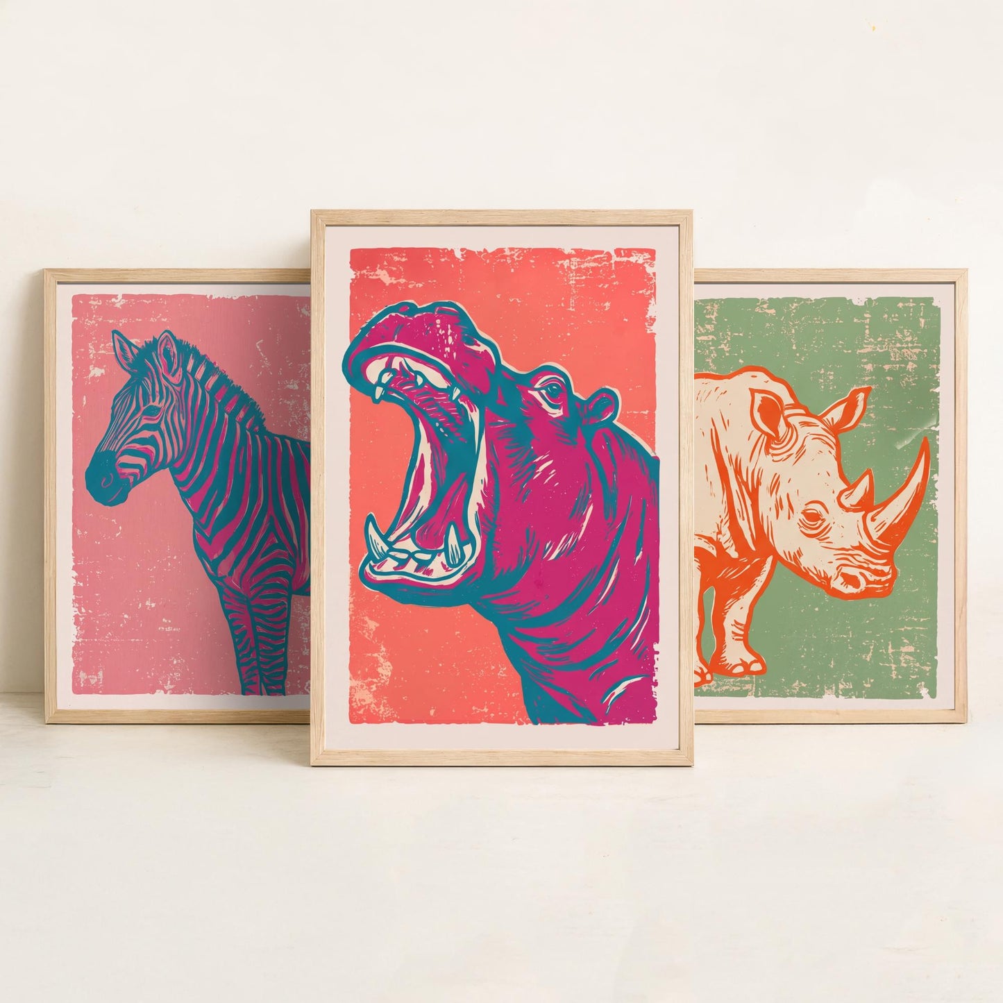 Set of Three Zebra, Rhino and Hippo Art Prints - Safari Animal Linocut Illustrations - African Wildlife Posters V2